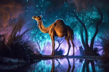 Camel in the forest at night created with generative ai