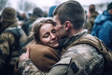 Fototapeta premium Emotional reunion: A happy young soldier embraces his wife tightly as he returns home from military service, radiating pure joy and love.