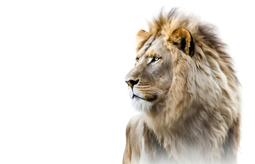 Beautiful lion isolated on white and blank space, wildlife card, illustration generative AI