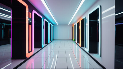 Photograph of a hallway with futuristic white walls with neon colors and a black and white tiled floor. IA generative.
