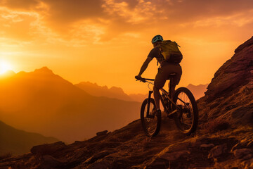Fototapeta na wymiar Cycling into the sunset, Silhouette of enduro cyclist on rocky trail Generative AI