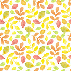 Autumn nature seamless pattern, yellow, orange, green, leaves and branches. Hand-drawn watercolor illustration on white background. For textiles, packaging, fabric