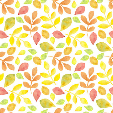 Autumn nature seamless pattern, yellow, orange, green, leaves and branches. Hand-drawn watercolor illustration on white background. For textiles, packaging, fabric