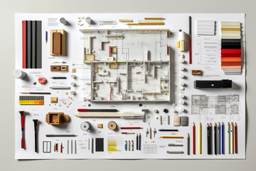 Collection of architect labor tools on a white background organized symmetric
