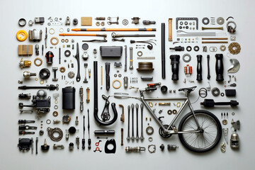 Collection of bike equipment and pieces on a white background illustration