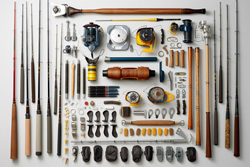 Collection of fishing equipment bait and rod on a white background