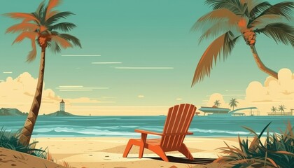Obraz premium From under a coconut tree is a long beach chair. (Illustration, Generative AI)