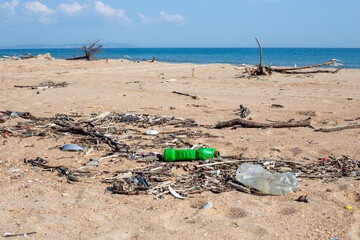 Garbage on the beach. Plastic garbage was carried out by a wave on a sandy shore. Ecological catastrophe