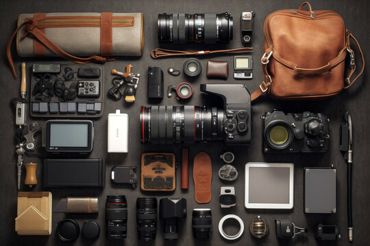 Collection of photography tools on a white background organized
