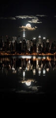 Fototapeta premium night cityscape in the distance with bright lighting over the water. reflection in the water, the moon in the sky. vertical frame.Generative AI