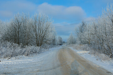 landscapes and road, Winter frosty snowy day 