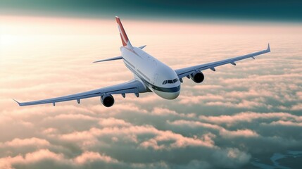 Naklejka na ściany i meble Passengers commercial airplane flying above clouds. Generative ai