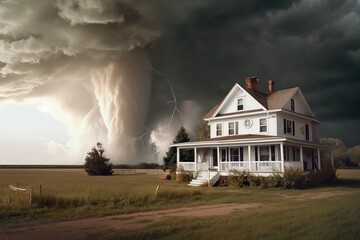 the approach of a huge tornado to a residential building. storm, tornado, natural disaster. the concept of property insurance against accident and natural disaster.Generative AI