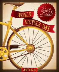 Rear of a Golden Bike with Ribbon Commemorating World Bicycle Day, Vector Illustration
