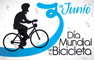 Silhouette of Man on Bike Celebrating World Bicycle Day in Spanish, Vector Illustration