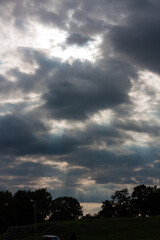 Summer landscape, Sun and sunbeams, sunset sky