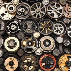 Fototapeta premium 1436 Vintage Film Reels: A retro and vintage-themed background featuring vintage film reels, filmstrips, and retro film accessories, capturing the nostalgia and charm of classic cinema3, Generative AI