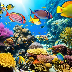 Naklejka na ściany i meble 1449 Enchanted Underwater World: A magical and enchanting background featuring an underwater world with colorful coral reefs, tropical fish, and a mystical and ethereal ambiance5, Generative AI