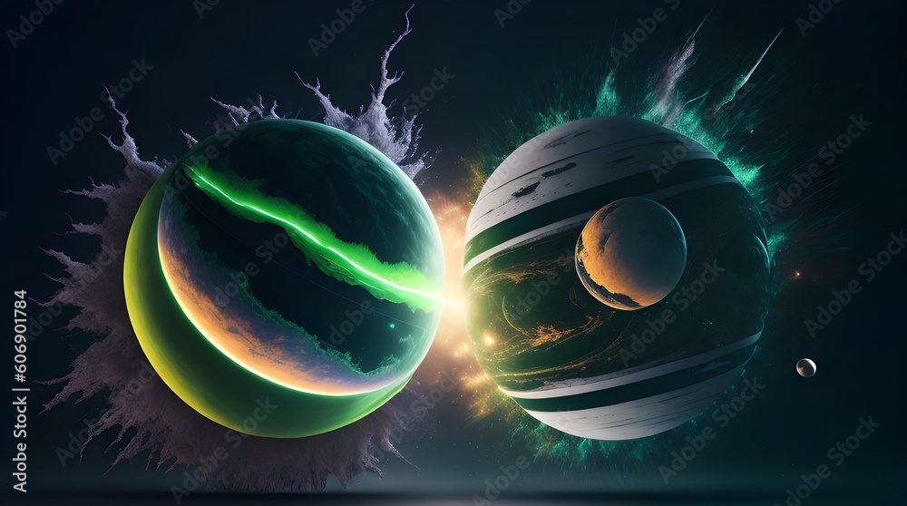 Canvas Prints background explosion collision of two planets in the sky (green and white)