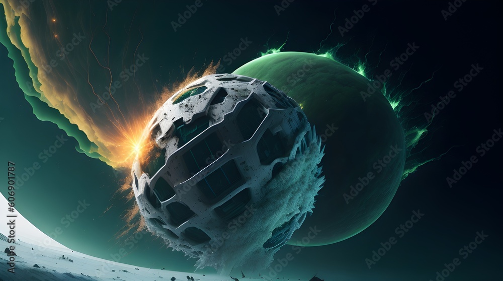 Canvas Prints background explosion collision of two planets in the sky (green and white)