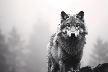 A realistic wolf in its natural habitat, majestic, fierce, wild