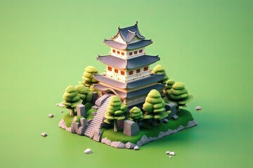 Fototapeta premium Tiny cute isometric japanese castle soft smooth lighting soft color illustration Generative AI 