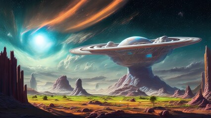 Ancient Alien Civilization Ruins in an Outer World in the Cosmos with Planets, Stars, Galaxies, and Nebules in The Horizen - AI Generative