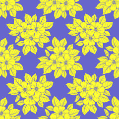 seamless contour pattern of large yellow flowers on a blue background, texture, design
