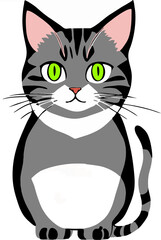 graphic drawing of a gray cat with green eyes, logo