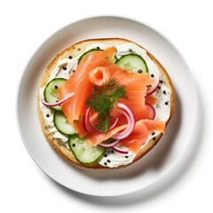 Delicious Bagel with Smoked Salmon and Cucumber on a White Background (Generative AI)