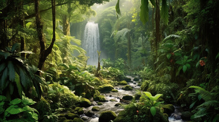 A lush, tropical rainforest with vibrant green foliage and a cascading waterfall Generative AI