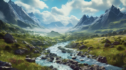 Naklejka na ściany i meble A serene river flowing through a green valley surrounded by towering mountains Generative AI
