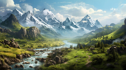 Fototapeta na wymiar A serene river flowing through a green valley surrounded by towering mountains Generative AI