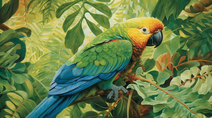 A vibrant green parrot perched on a branch, surrounded by lush leaves Generative AI