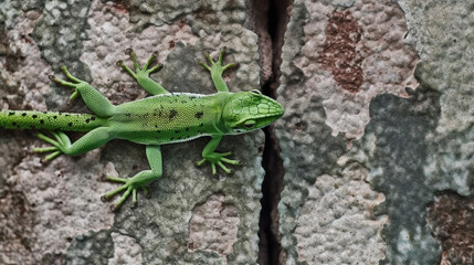 Naklejka na ściany i meble A close-up of a green gecko camouflaged against a textured wall Generative AI