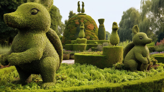 A garden filled with whimsical green topiaries shaped like animals and objects Generative AI