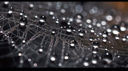 A macro shot of water droplets on a delicate spider's web, highlighting its intricate structure Generative AI