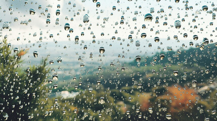 A cluster of water droplets on a window, distorting the view of a serene natural landscape Generative AI