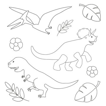 Set of dinosaurs on white background for coloring book. Cartoon vector illustration.