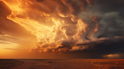 Naklejka na ściany i meble Majestic clouds forming a dramatic backdrop to a golden sunset Generative AI