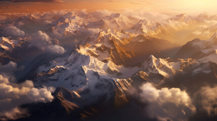 A breathtaking aerial view of clouds blanketing the valleys between towering mountain peaks Generative AI