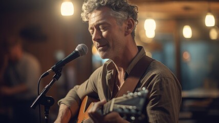 Folk Singer Male Caucasian Mature Performing live music for an audience, singing folk songs in Coffee house. Generative AI AIG22.