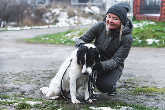 cheerful blond woman cuddling a lovely dog at the shelter, dog shelter and volunteer concept. High quality photo