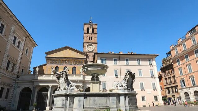 The Basilica of Santa Maria in Trastevere in Piazza di Santa Maria in the Trastevere neighborhood of Rome, Italy.
