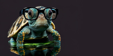 Turtle in big glasses on an isolated dark background. Generative AI