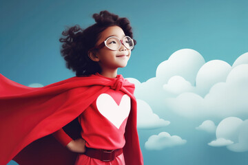 Adorable little Asian girl dressed up as superhero with heart on costume. Generative AI.