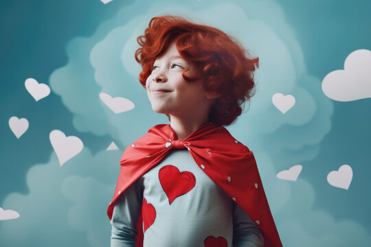 Cute little redhead boy dressed up in superhero costume with heart. Generative AI.