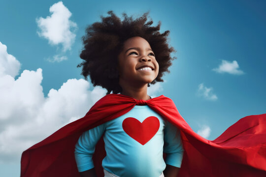 Cute little black girl dressed up in superhero costume with heart. Generative AI.