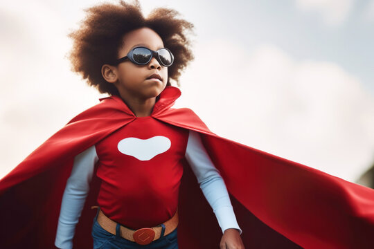 Confident little black boy dressed up in superhero costume. Generative AI.