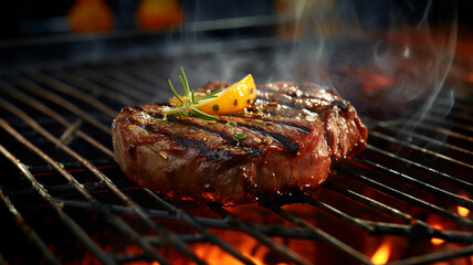 Beef steak sizzling on the grill flame